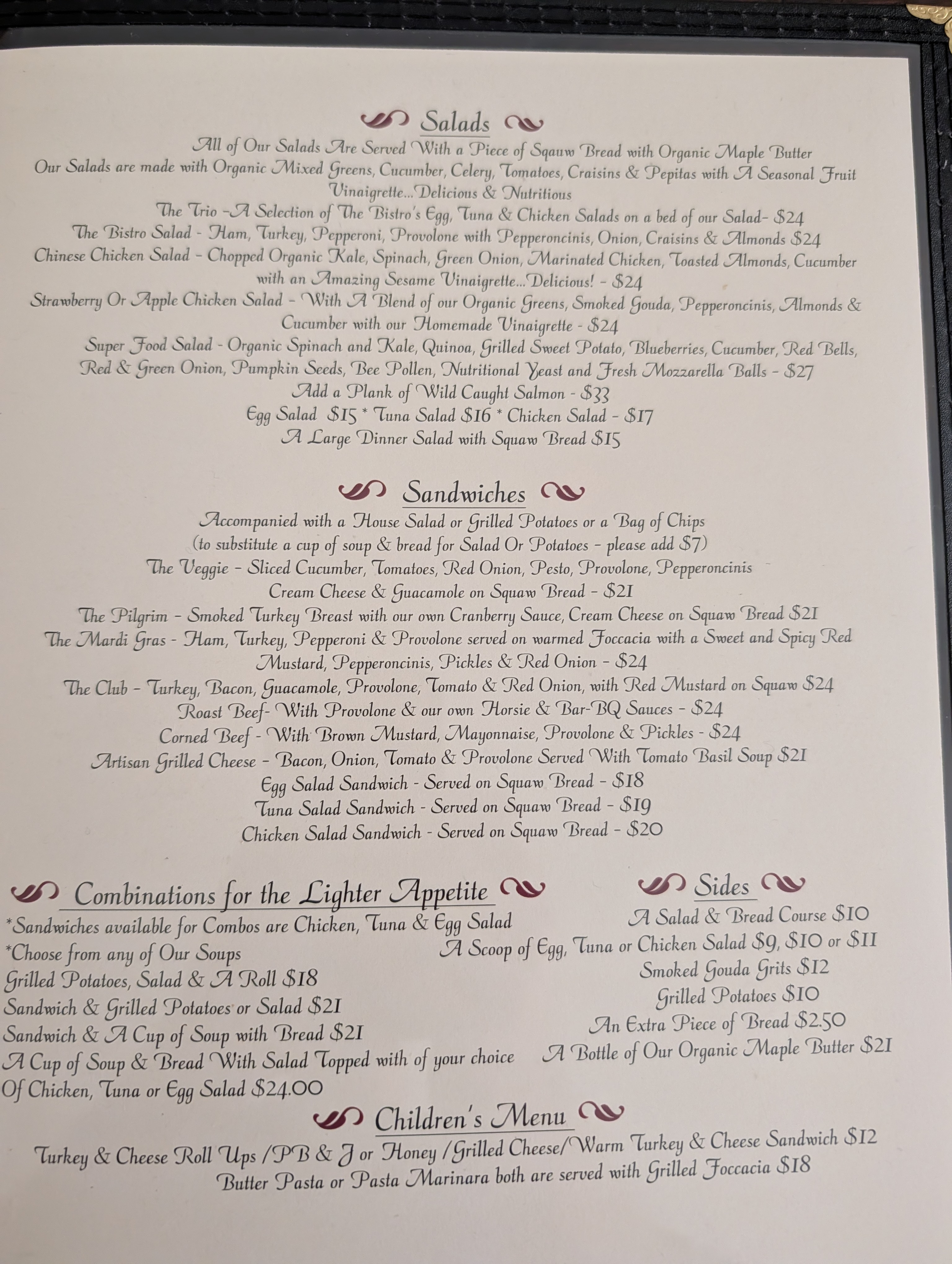 Menu Page 2 - Salads and Sandwiches