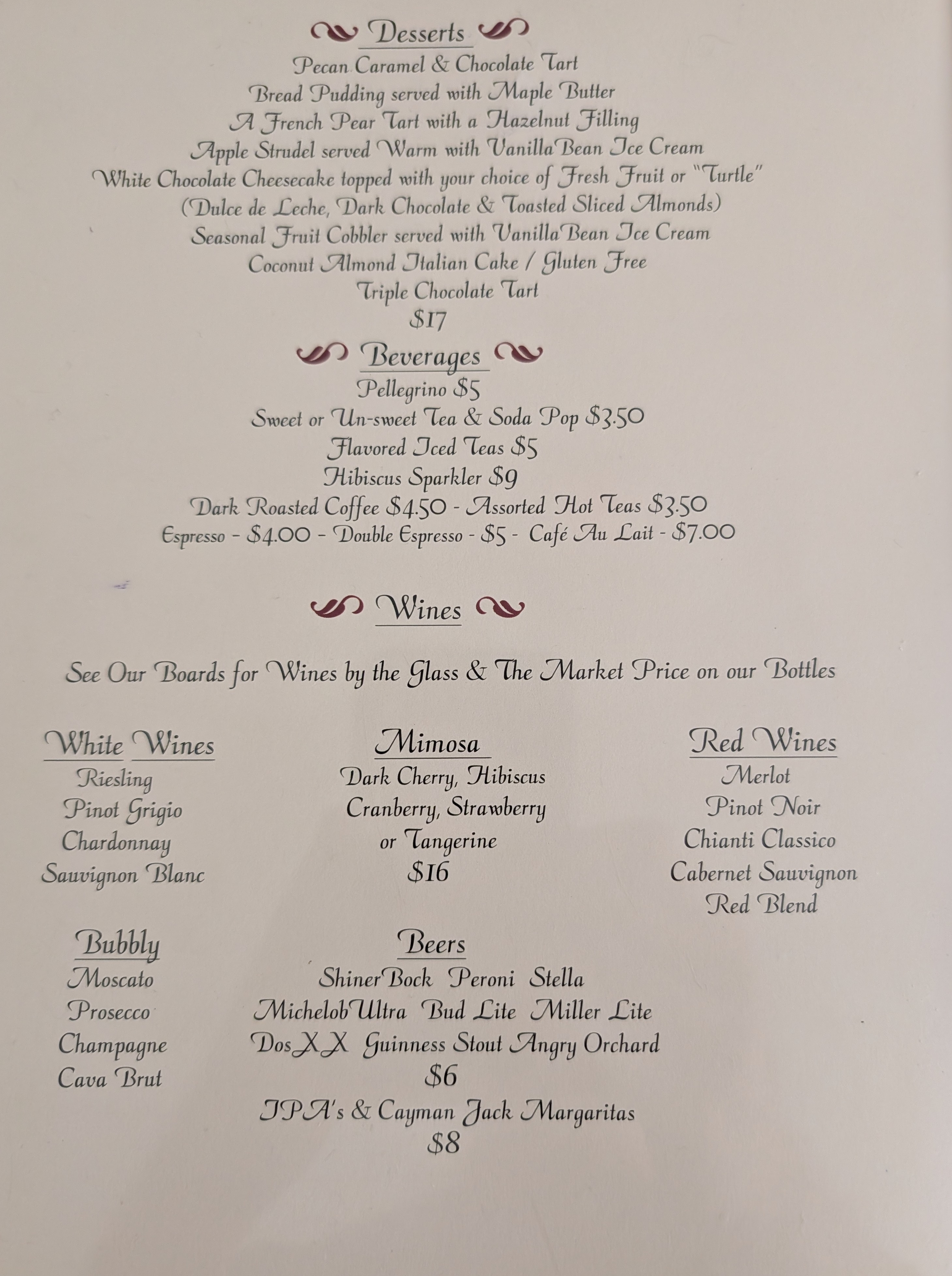 Menu Page 3 - Desserts and Wine